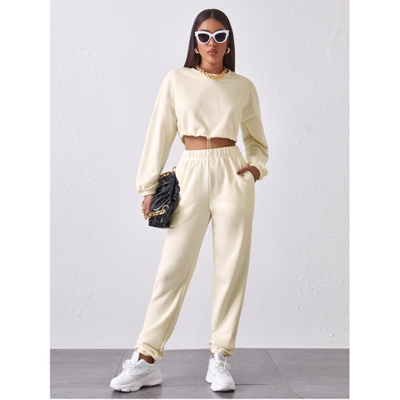 Rouge! Pants - 2 Piece Set Beige Crop Sweatshirt and Jogger Pants